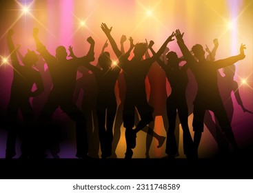 silhouettes of excited party people dancing on an abstract background