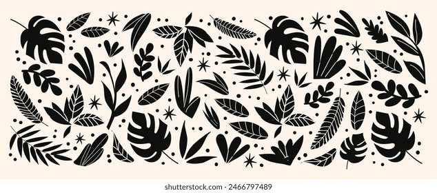 Silhouettes exotic tropical leaves, jungle plants, palm trees, monstera leaves and flowers. Set of black and white patterns, vector leaf stickers in cartoon retro style