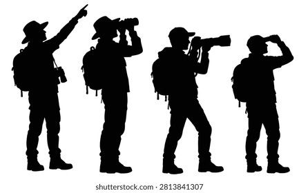 Silhouettes of explorers and wildlife observers using binoculars and cameras to scan the horizon and track animals in a natural outdoor wilderness area.