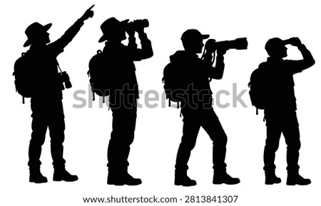 Silhouettes of explorers and wildlife observers using binoculars and cameras to scan the horizon and track animals in a natural outdoor wilderness area.