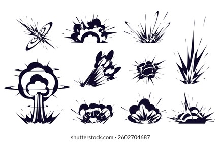 Silhouettes explosions and flashes of fire. Bomb boom. Power blasts with smoke clouds and flame. Comic detonations. Weapon attack. Magic burst shots. Vector explosive