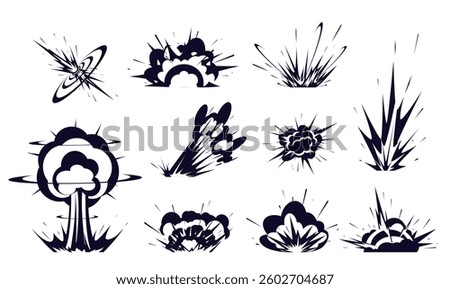 Silhouettes explosions and flashes of fire. Bomb boom. Power blasts with smoke clouds and flame. Comic detonations. Weapon attack. Magic burst shots. Vector explosive