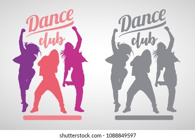 Silhouettes of expressive girls dancing modern dance styles. Vector illustration of dancers with dance club lettering above