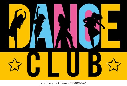 Silhouettes of expressive girls dancing modern dance styles inside lettering dance club