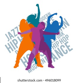 Silhouettes of expressive girls dancing modern dance styles. Jazz funk, hip-hop, house dance lettering. Detailed vector silhouettes.