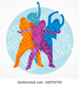 Silhouettes of expressive girls dancing modern dance styles. Jazz funk, hip-hop, house dance lettering. Detailed vector silhouettes of dancers inside circle border.