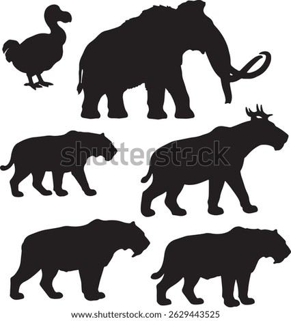 Silhouettes of extinct animals, including the dodo, woolly mammoth, and saber-tooth tiger, set against a stark white background.