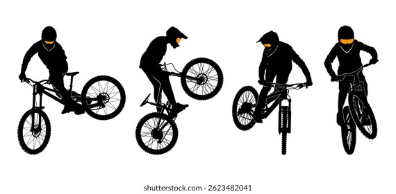 Silhuetas de ciclistas de montanha extremos realizando acrobacias no ar, mostrando agilidade e movimento dinâmico no ciclismo freestyle.