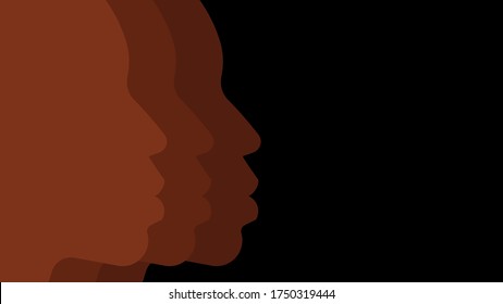 Silhouettes of the faces of black people. African woman and man face silhouettes. Background with copy space.