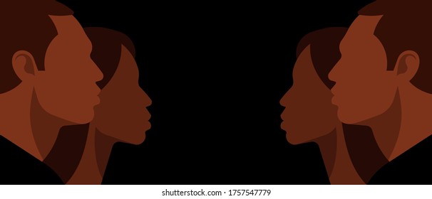 Silhouettes of the faces of black people. African woman and man face silhouettes. Background with copy space.