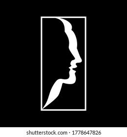 Silhouettes of faces of man and woman together in a frame on black background. Abstract logo concept. Vector illustration.
