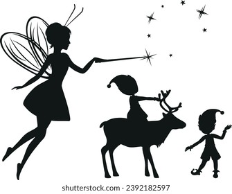 Silhouettes of fairy and elves with reindeer. Vector