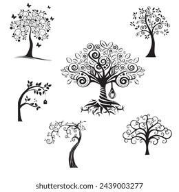 silhouettes of fairy-tale trees with twisted branches. Vector set of EPS 10 sketches