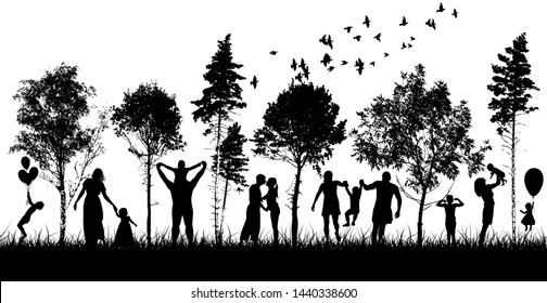 The silhouettes of families in the park together. Happy people in the park. Vector