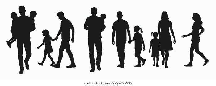 Siluetas de familias caminando capturando a varios padres
