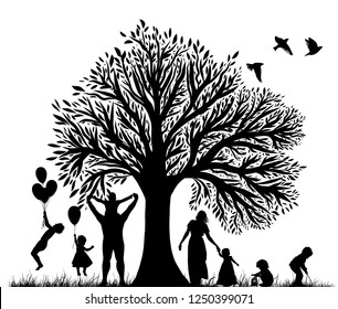 Silhouettes of family and beautiful tree with birds. Vector