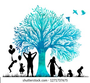 Silhouettes of family and beautiful tree with birds. Vector