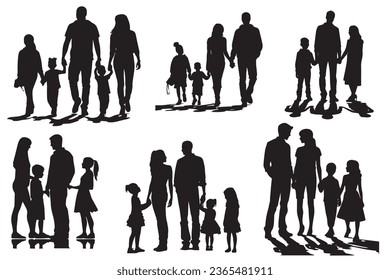 Silhouettes familia padre madre hijo e hija de espalda. vector de icono gráfico