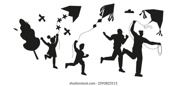 Silhouettes of family flying kites for Makar Sankranti holiday or family activity concept, vector illustration isolated on white background.