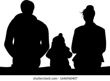 
Silhouettes of the family, mother, father and baby isolated on a black background in vector. 
Family is sitting in nature.