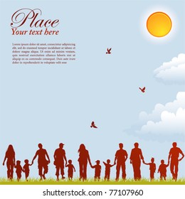 Silhouettes of family on nature background with bird, sun and grass, element for design, vector illustration