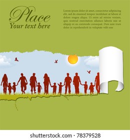 Silhouettes of family on nature background with bird, sun and grass through a hole in a paper, vector illustration