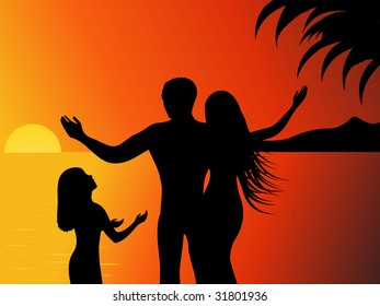 Silhouettes of family on a tropical beach at sunset