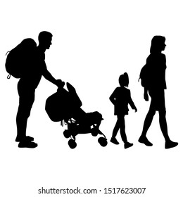 Silhouettes of family on a walk, a man with a baby carriage and backpack, a woman and a girl, vector, black color, isolated on white background