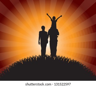 Silhouettes of family over late afternoon background vector illustration