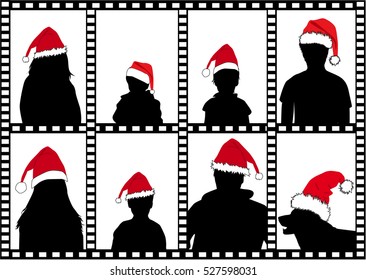 Silhouettes family in santa caps. Frame.