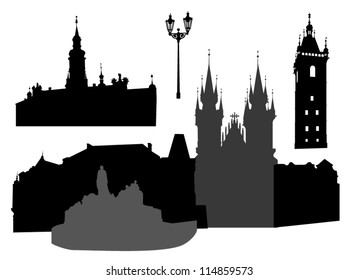 Silhouettes of famous buildings and landmarks of Prague.