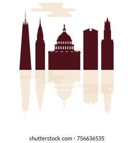 Silhouettes of famous buildings and modern buildings in the USA. Tall buildings and skyscrapers.