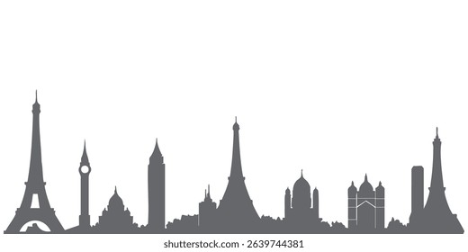 Silhouettes of famous buildings and structures with transparent background