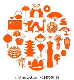 Silhouettes of famous Chinese symbols. Travel icons templates. Vector stencil.