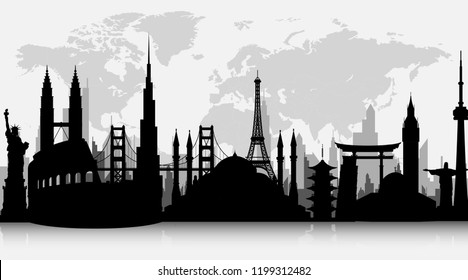 Silhouettes of famous world landmarks
