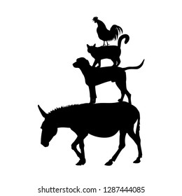 Silhouettes of farm animals as Bremen town musicians. Vector illustration isolated on white background