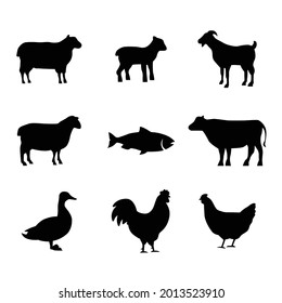 Silhouettes of Farm Animals. Cow, Goat, Sheep, Lamb, Hen, Fish, Duck. Farm Animals icons isolated on white background. Vector livestock icons. EPS 10