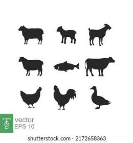 Silhouettes of Farm Animals. Cow, Goat, Sheep, Lamb, Hen, Fish, Duck. Farm Animals icons isolated on white background. Vector livestock icons. EPS 10