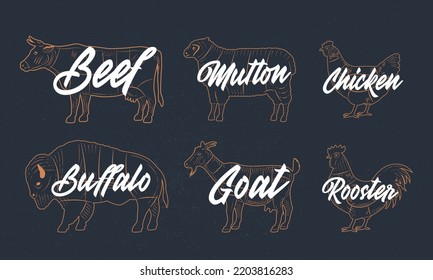 Silhouettes of Farm Animals. Cow, Lamb, Chicken, Goat, Buffalo. Vintage sketch set of farm animals. Animals meat. Vector livestock icons. 