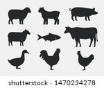 Silhouettes of Farm Animals. Cow, Pig, Sheep, Lamb, Hen, Fish, Duck. Farm Animals icons isolated on white background. Vector livestock icons.