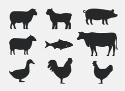 Silhouettes Of Farm Animals. Cow, Pig, Sheep, Lamb, Hen, Fish, Duck. Farm Animals Icons Isolated On White Background. Vector Livestock Icons.
