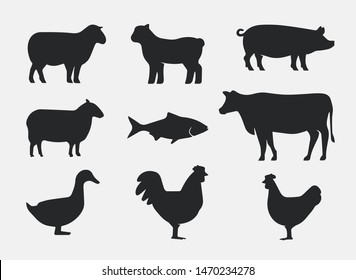 Silhouettes of Farm Animals. Cow, Pig, Sheep, Lamb, Hen, Fish, Duck. Farm Animals icons isolated on white background. Vector livestock icons.