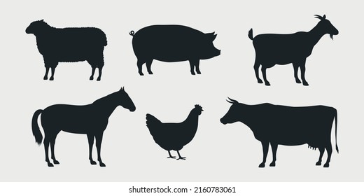 Silhouettes of Farm Animals. Cow, Pig, Sheep, Horse, Hen, Goat. Farm Animals icons isolated on white background. Vector livestock icons. 