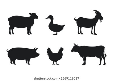 Silhouettes of Farm Animals. Cow, Pig, Sheep, Lamb, Duck, Goat, and Hen vector. Livestock icons. Farm Animals icon.