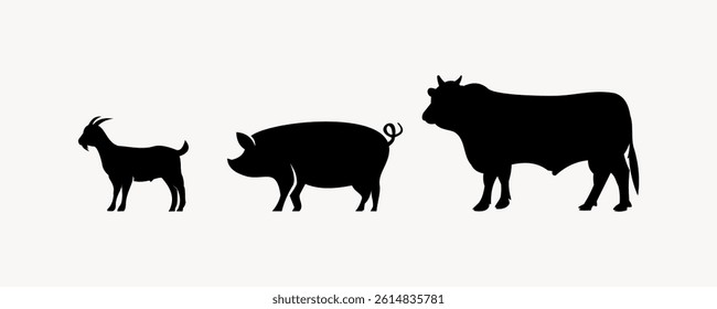 Silhouettes of Farm Animals. Cow, Pig, Goat vector. Livestock icons. Farm Animals icon.