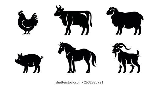 Silhuetas de Animais de Fazenda. Vaca, porco, ovelha, cordeiro, galinha e cavalo. Ícones de Animais de Farm isolados em fundo branco. Ícones de animais vetoriais.