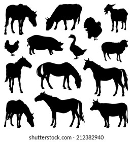 Silhouettes of farm animals on a white background. Livestock icons