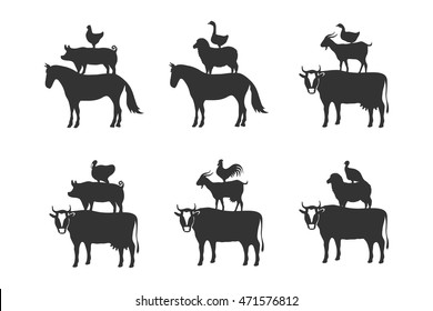 Silhouettes of farm animals on the white background. Vector.