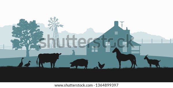 Silhouettes of farm animals. Rural landscape\
with cow, horse and pig. Village panorama for poster. Farmer house\
and livestock. Vector\
illustration