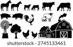 Silhouettes of farm animals structures windmill barn farmhouse rural life agriculture diversity design illustration